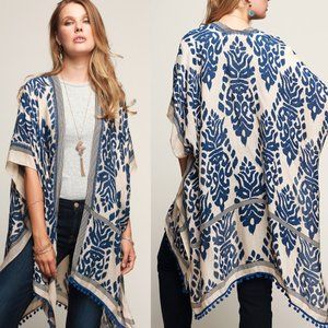 Block Print Damask Kimono Kaftan Pompom Fringe